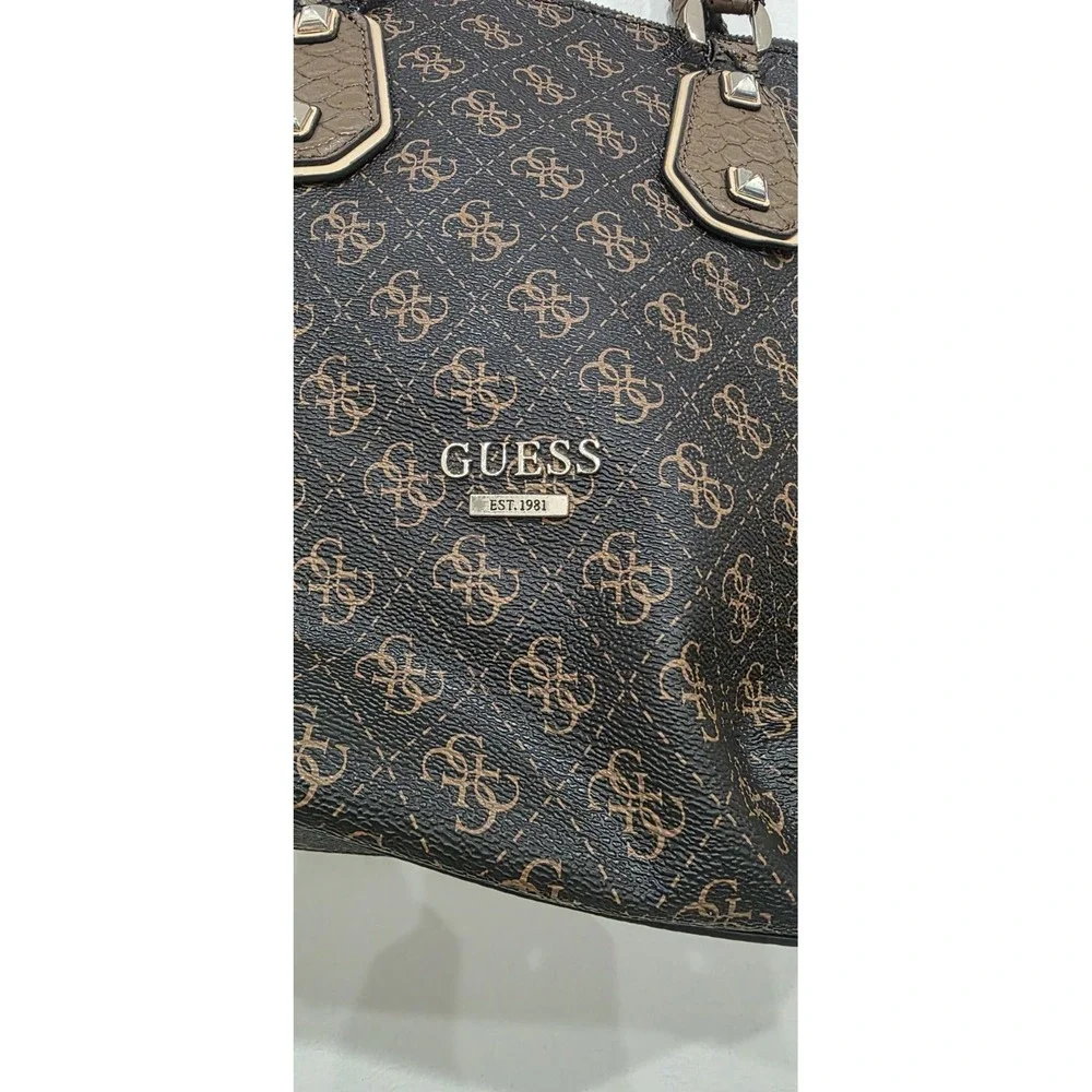 GUESS‎ Brown Beige Logo Chain Studded Satchel Bag Silver Hardware